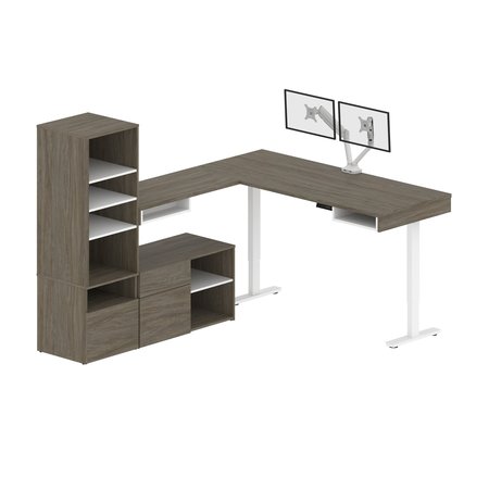 Bestar Bestar Viva 72W L-Shaped Standing Desk with Dual Monitor Arm and Storage in walnut grey & white 19853-35